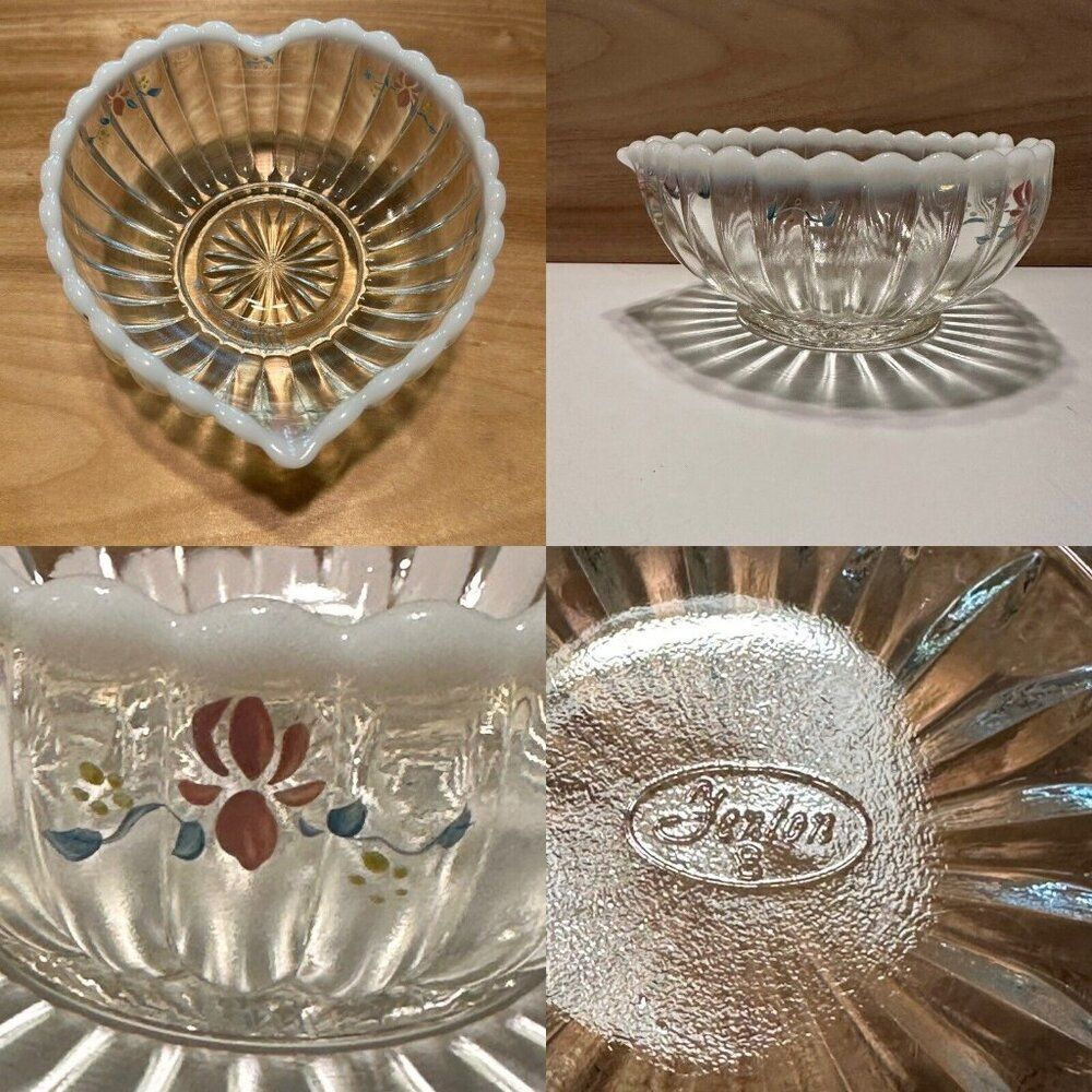 Vtg  Fenton Opalescent Ribbed Heart Shaped Handpainted Candy Dish Trinket Bowl